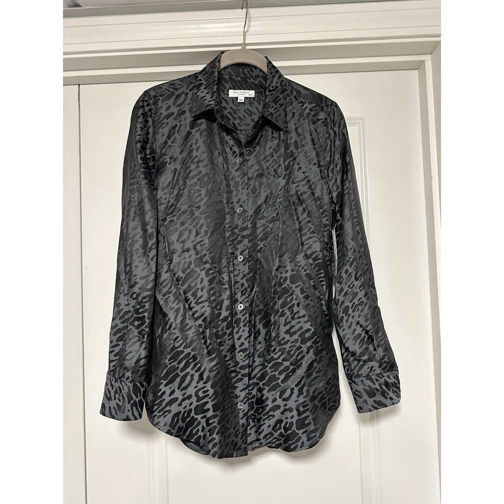 Equipment Femme, Women's Long Sleeve Button-Up, Black Animal Print Silk Blend XS